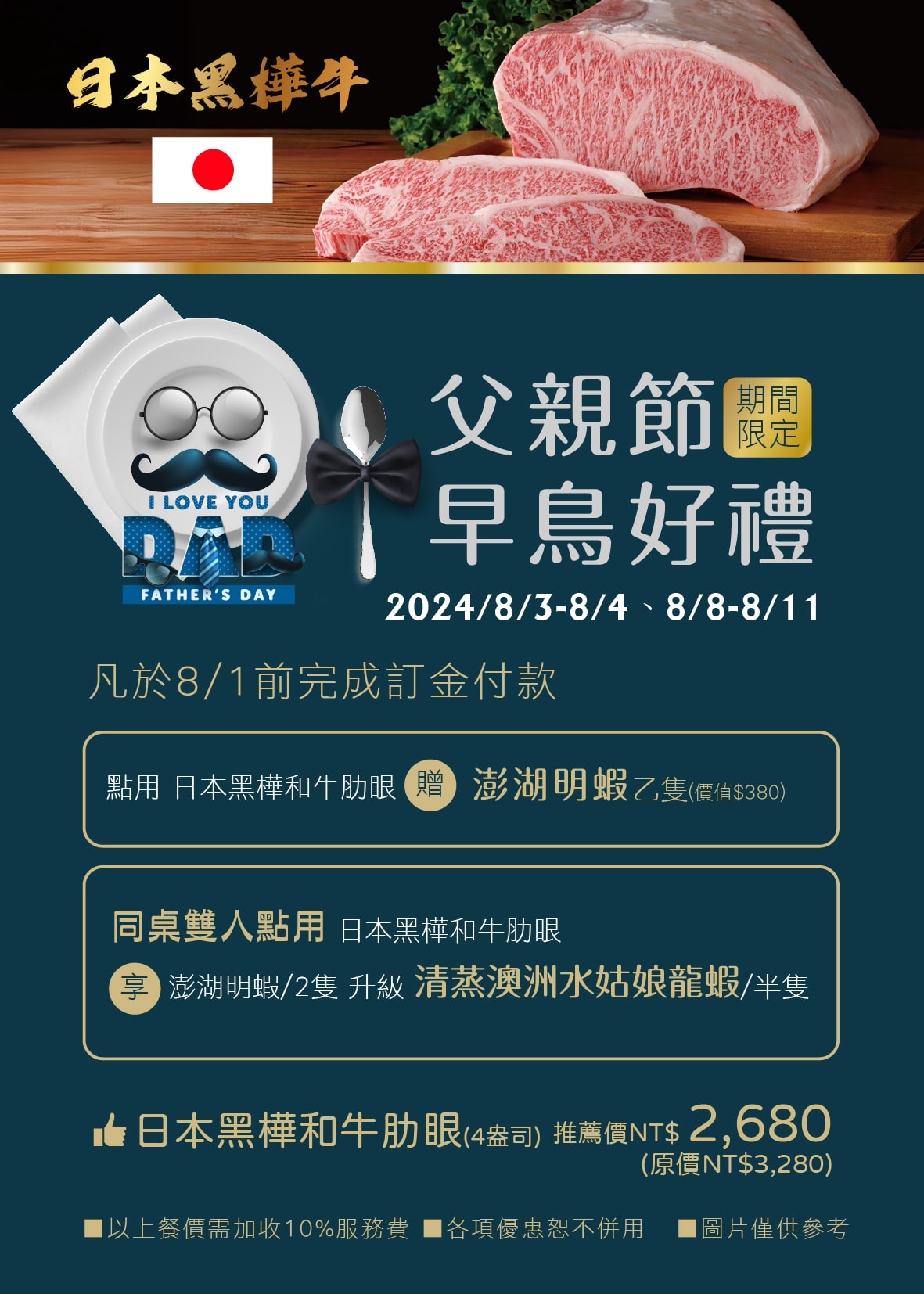 高雄父親節聚餐推薦｜焰牛排館-日本黑樺牛隆重推出和牛套餐｜提早預約享早鳥｜高雄漢來大飯店
